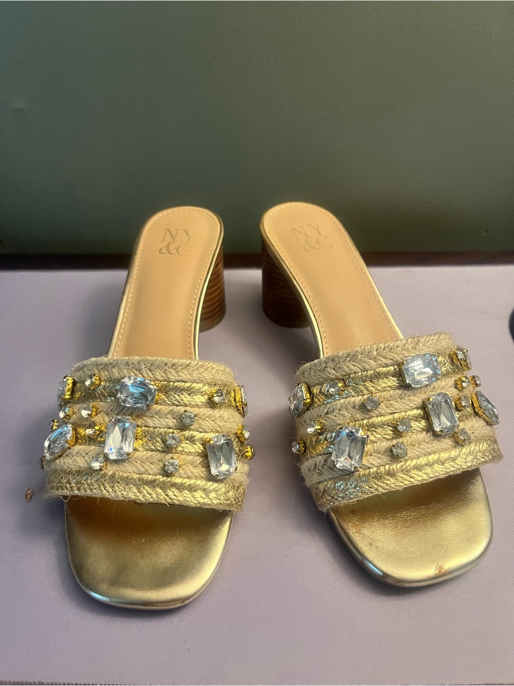New York & Company Gold Jute Slide Heels with Crystal Accents